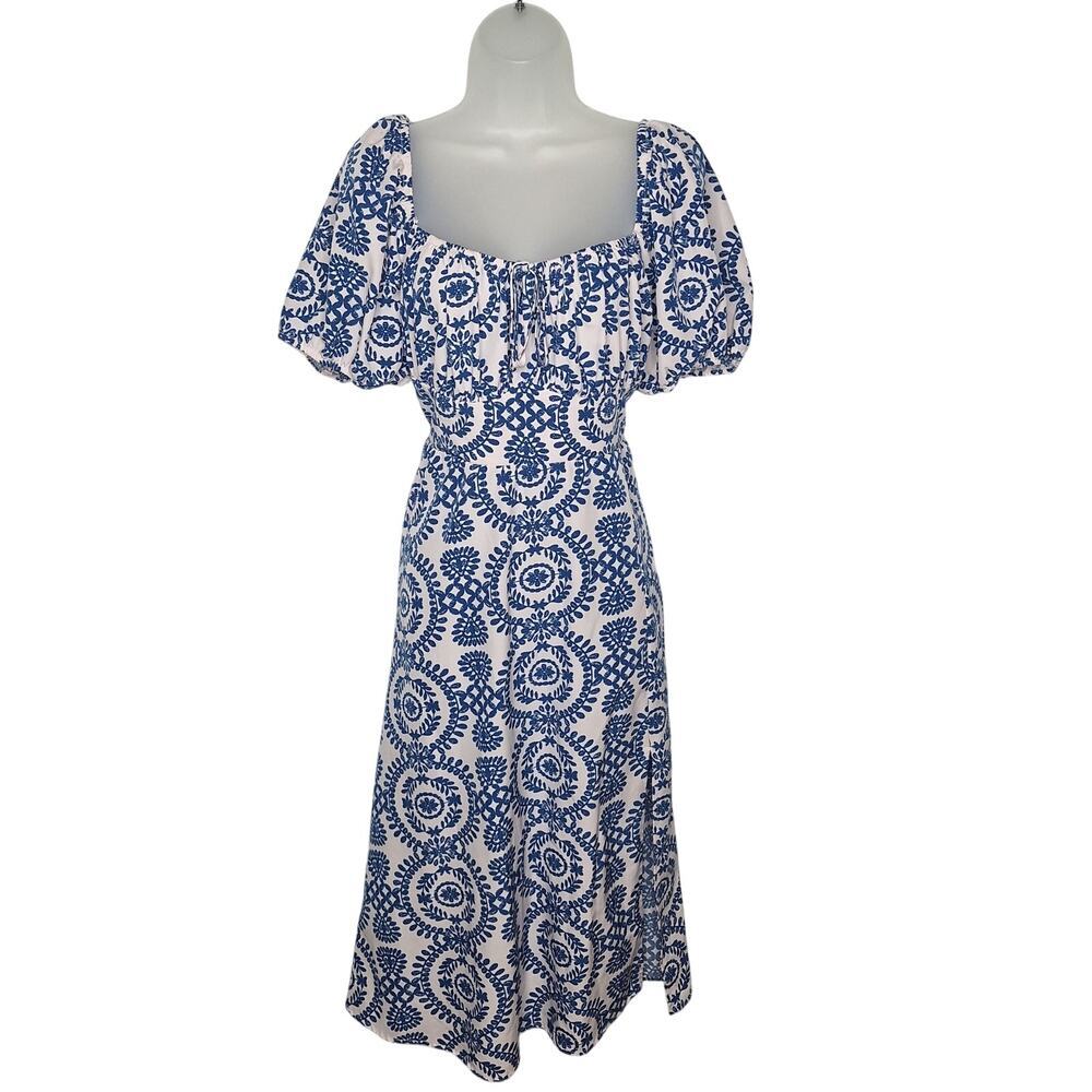 Milkmaid Midi Dress 3X Resort Puff Sleeve Cottagecore Smocked Print Square Neck
